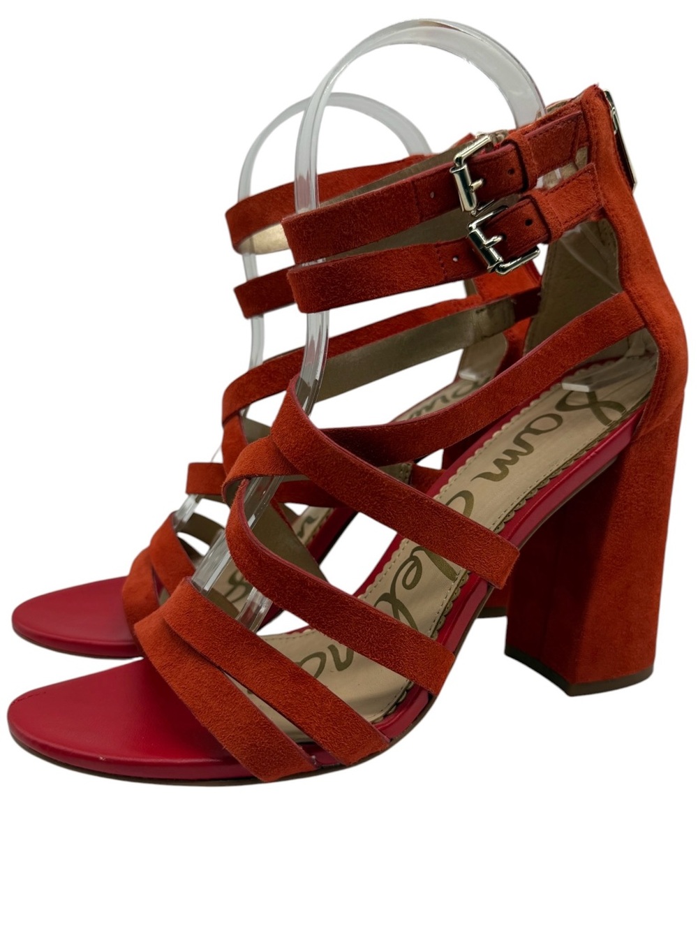 Sam Edelman Yema Heeled Sandals 9 Red Orange Leather Strappy Feminine Colorful